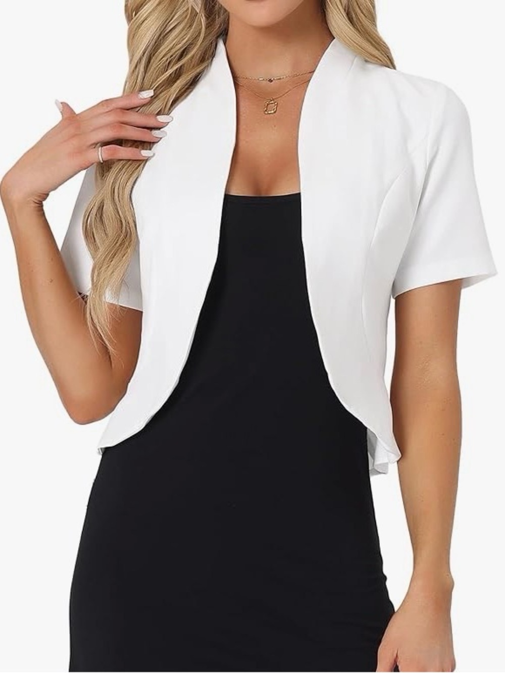 Cropped Blazer Short Sleeve Collarless Open Front Cardigan Work Jacket Shrug
